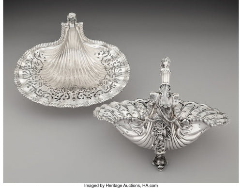 A Pair of Howard & Co. Silver Shell-Form Baskets, New York, 1908. Marks: HOWARD & CO., NEW YORK, STERLING, 1908, 2098A, 10