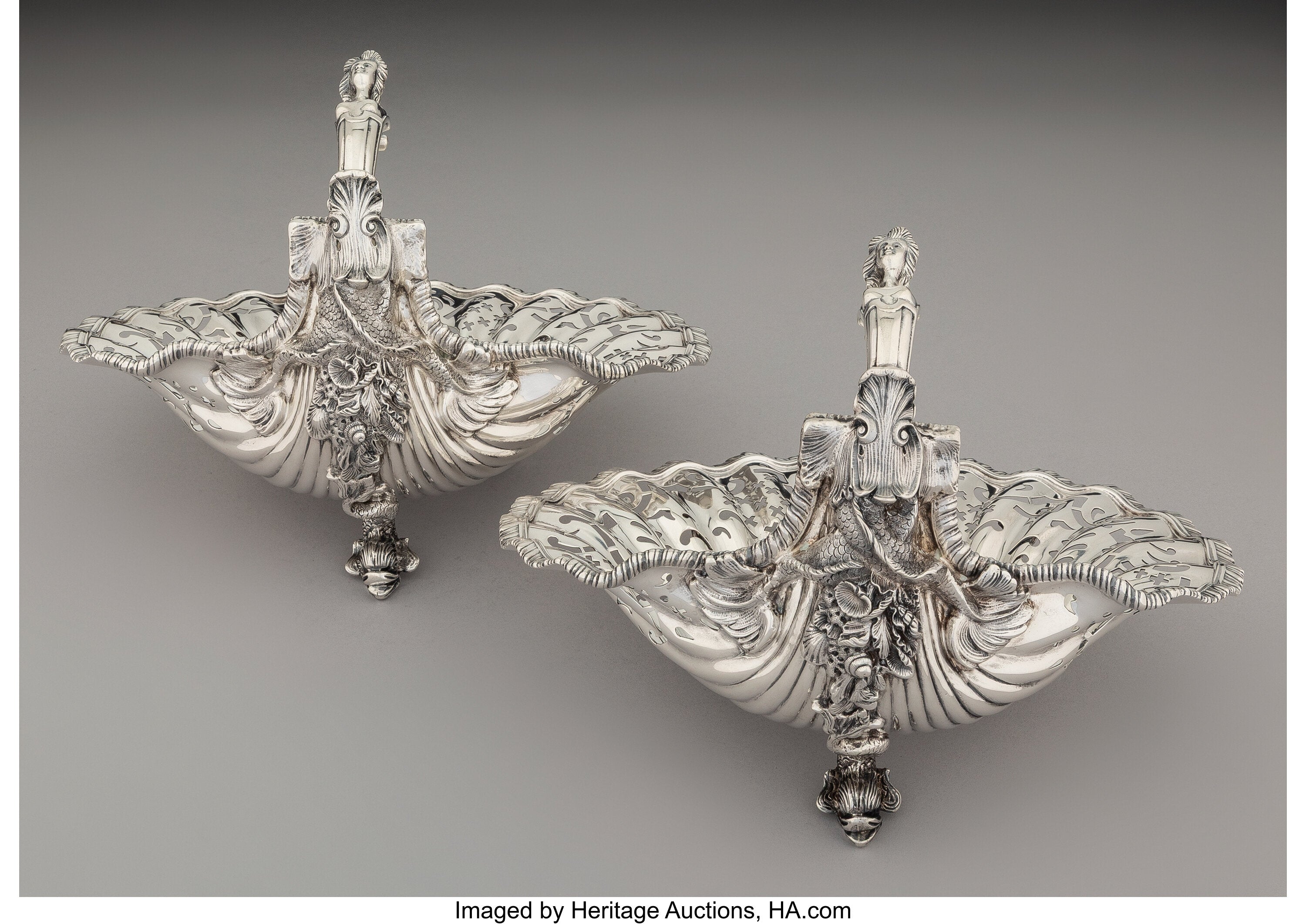 A Pair of Howard & Co. Silver Shell-Form Baskets, New York, 1908. Marks: HOWARD & CO., NEW YORK, STERLING, 1908, 2098A, 10