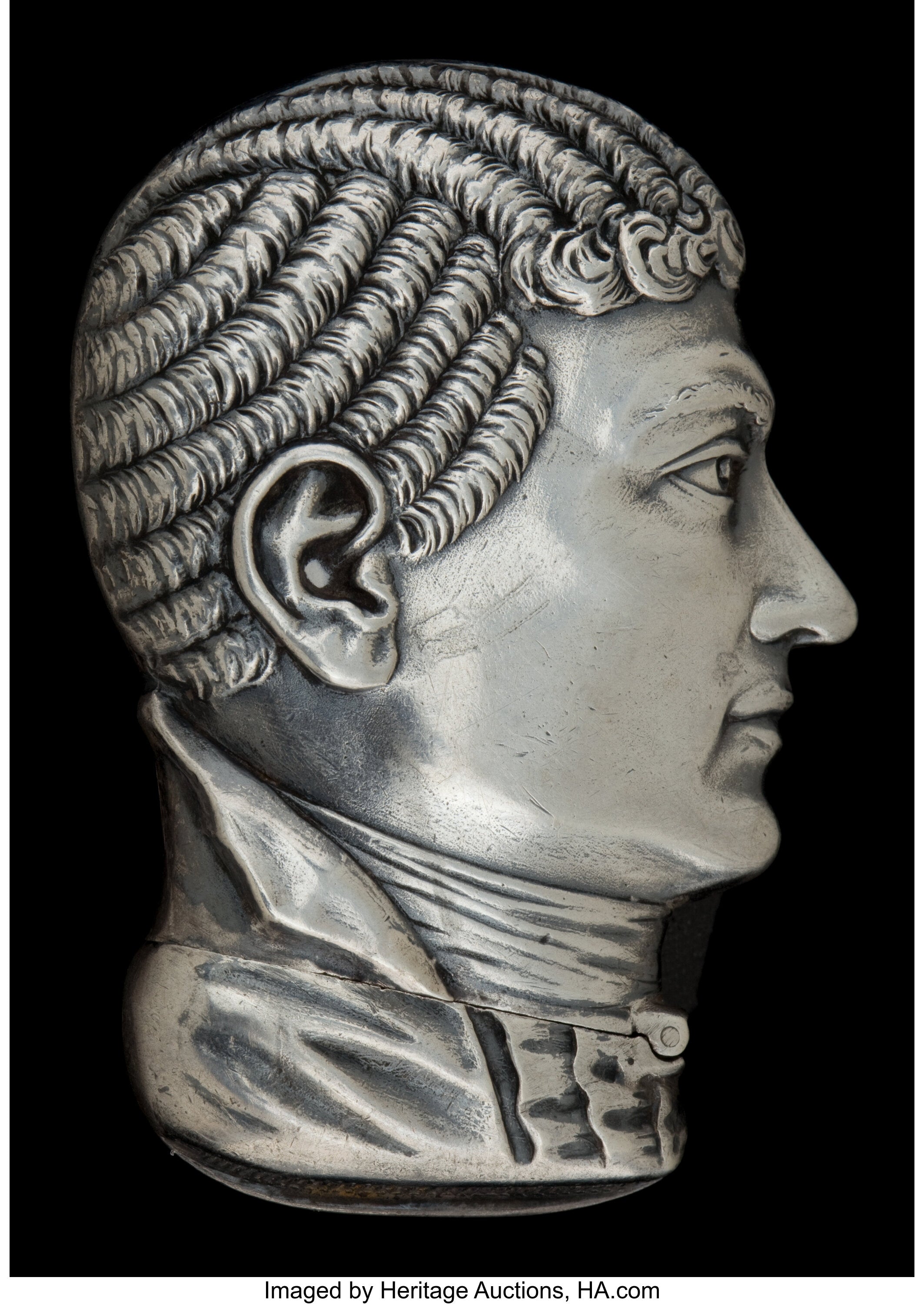 A HOWARD SILVER FIGURAL MATCH SAFE: JOHN JAY. Howard Sterling Co., Providence, RI, circa 1890. Marks