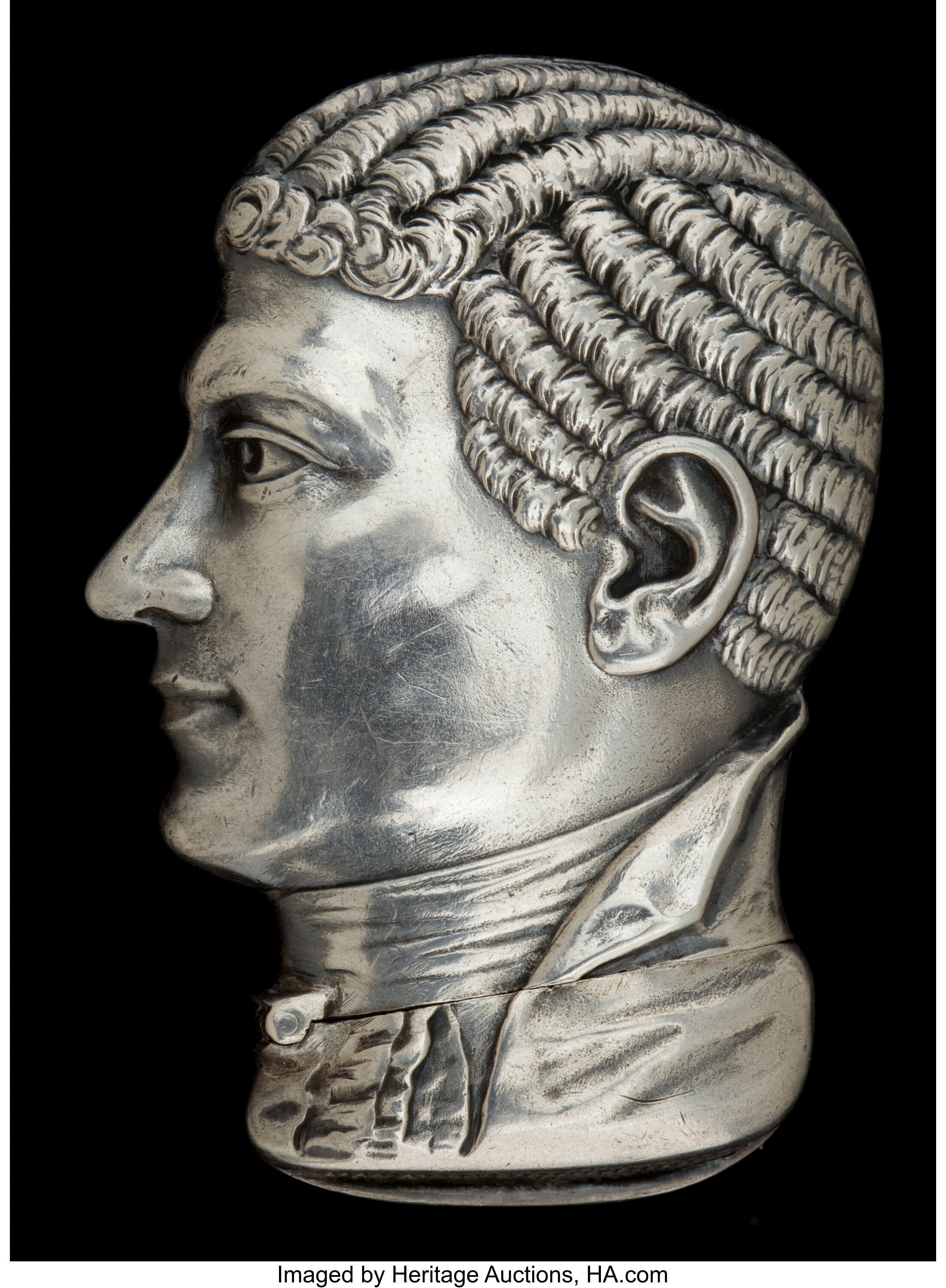 A HOWARD SILVER FIGURAL MATCH SAFE: JOHN JAY. Howard Sterling Co., Providence, RI, circa 1890. Marks